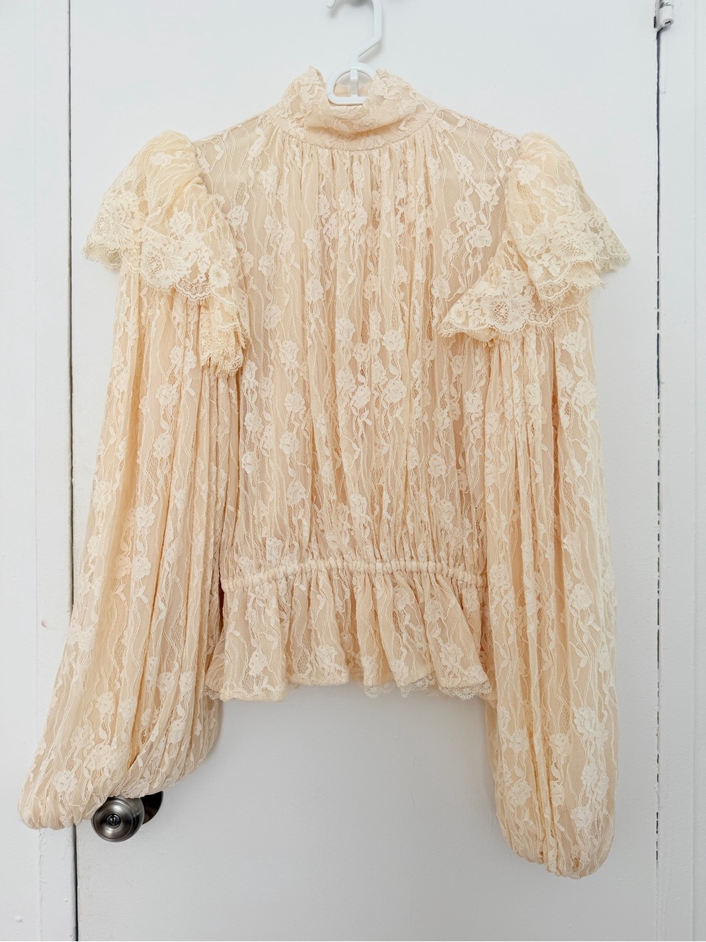 Ronny Kobo Collection Sheer Lace High-Neck Blouse in Cream